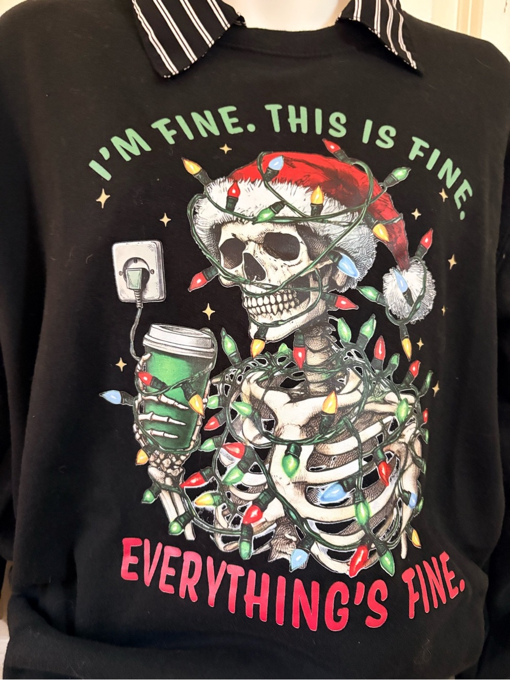 Black Holiday Skull Graphic Sweater - "Everything's Fine", size M - Picture 3 of 6